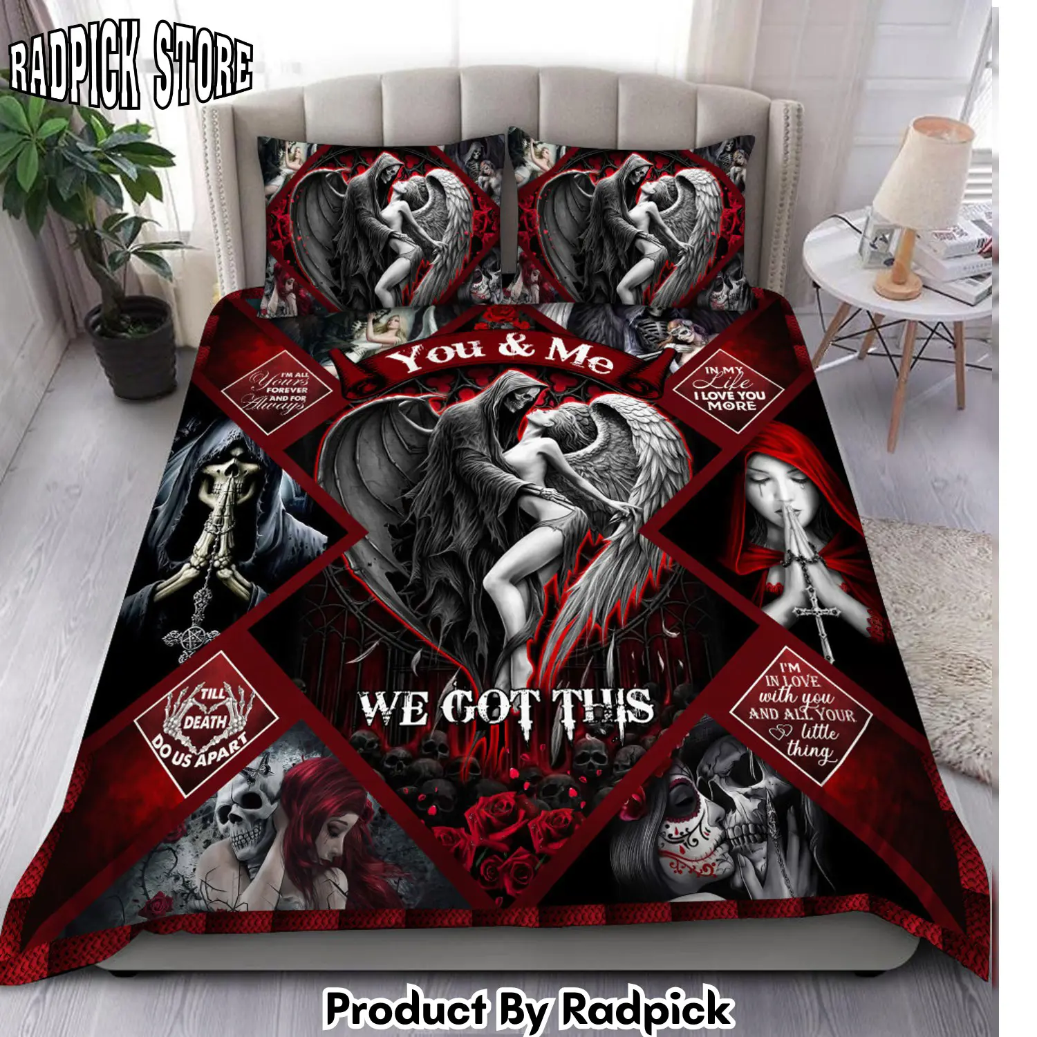 Radpick skull and angel couple all over printed bedding set rp3272305